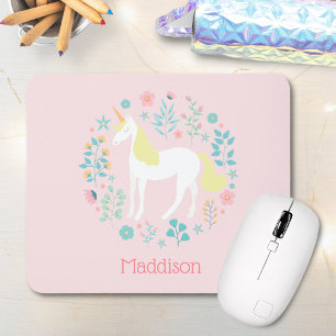 Pretty Unicorn & Flowers Blush Pink Personalised Mouse Mat