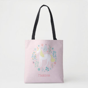 Pretty Unicorn & Flowers Blush Pink Personalised Tote Bag