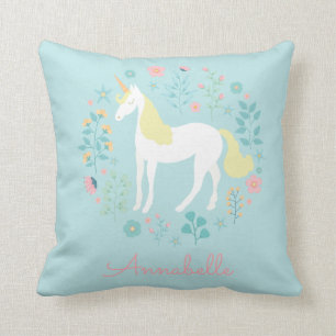 Pretty Unicorn & Flowers Personalised Aqua Cushion