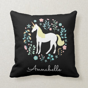 Pretty Unicorn & Flowers Personalised Black Cushion