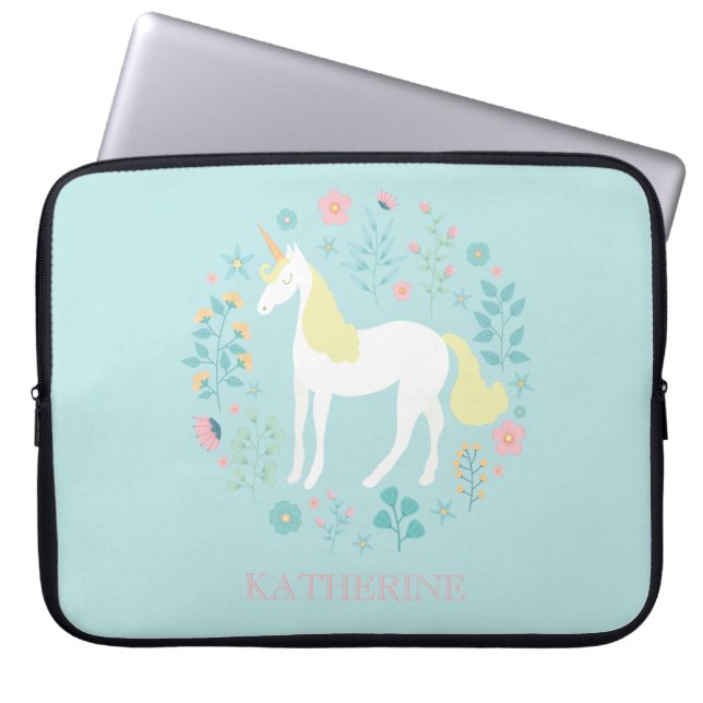 Pretty Unicorn & Flowers Personalised Laptop Sleeve (Front)