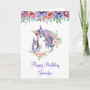 Pretty Unicorn Mom & Baby Watercolor Birthday Card