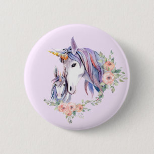 Pretty Unicorn Mom & Baby Watercolor Floral 6 Cm Round Badge