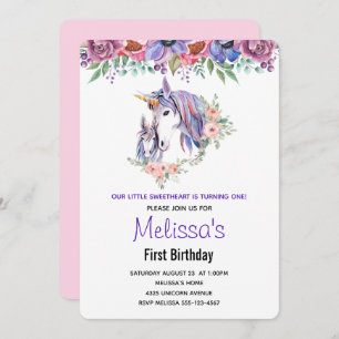 Pretty Unicorn Mum & baby Watercolor Birthday Invitation