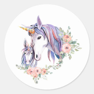Pretty Unicorn Mum & Baby Watercolor Floral Classic Round Sticker