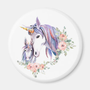 Pretty Unicorn Mum & Baby Watercolor Floral Magnet