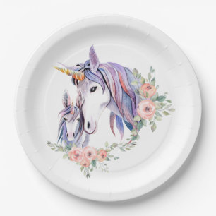 Pretty Unicorn Mum & Baby Watercolor Floral Paper Plate