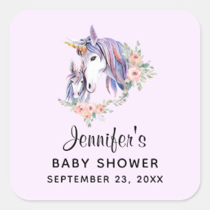 Pretty Unicorn Mum & Baby Watercolor Floral Shower Square Sticker