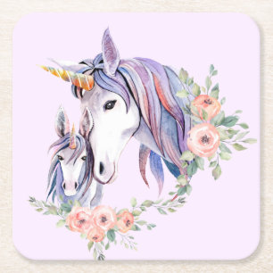 Pretty Unicorn Mum & Baby Watercolor Floral Square Paper Coaster