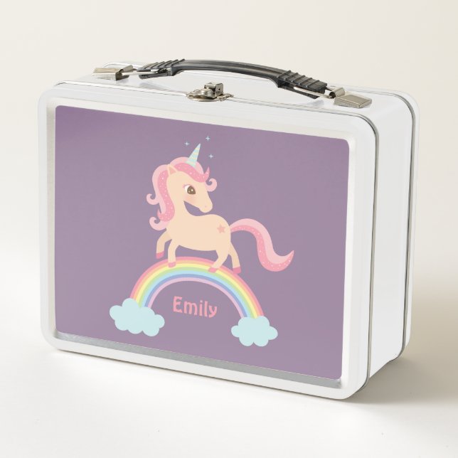 Pretty Unicorn on Rainbow Girls Personalised Metal Lunch Box (Front)