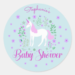Pretty Unicorn Pink Aqua Baby Shower Personalised Classic Round Sticker