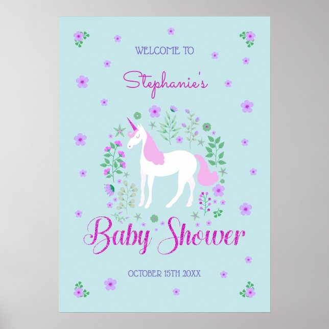 Pretty Unicorn Pink Aqua Baby Shower Personalised Poster (Front)
