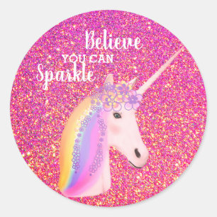 Pretty Unicorn Pink Glitter Inspirational Quote Classic Round Sticker