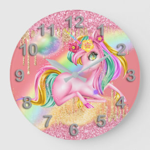 Pretty unicorn pink gold glitter rainbow fantasy large clock