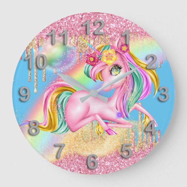 Pretty unicorn pink gold glitter rainbow magic large clock (Front)