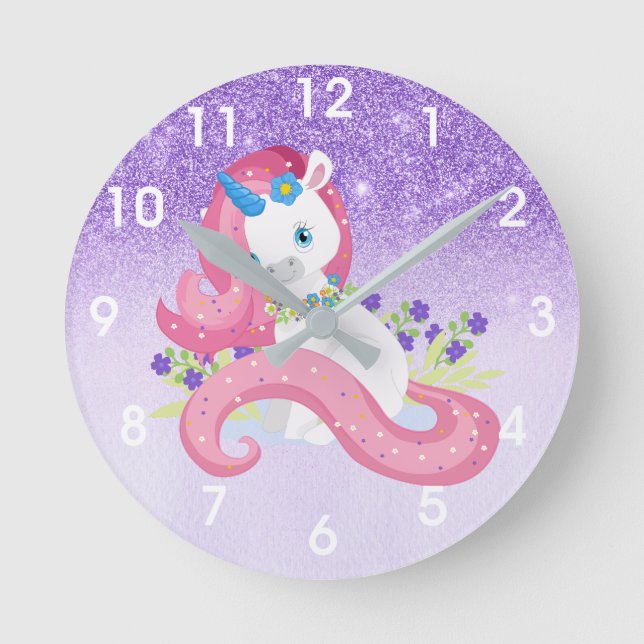 Pretty Unicorn Pink Purple Sparkle Girl's Room Round Clock (Front)