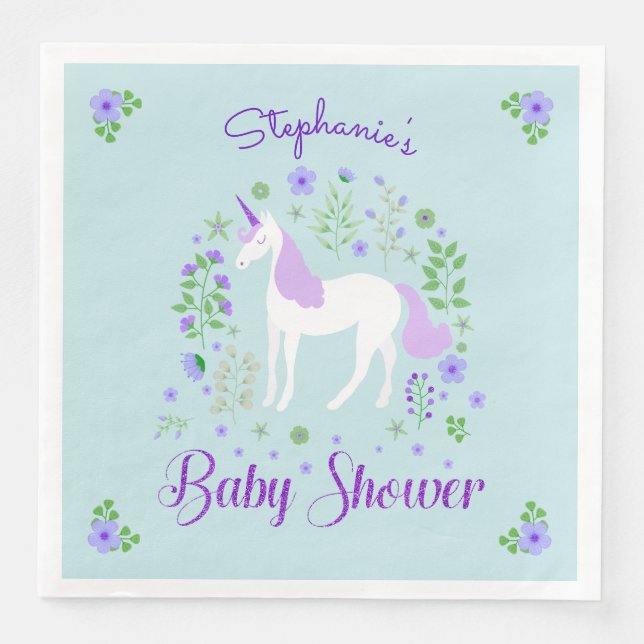 Pretty Unicorn Purple Aqua Baby Shower Customised Napkin (Front)