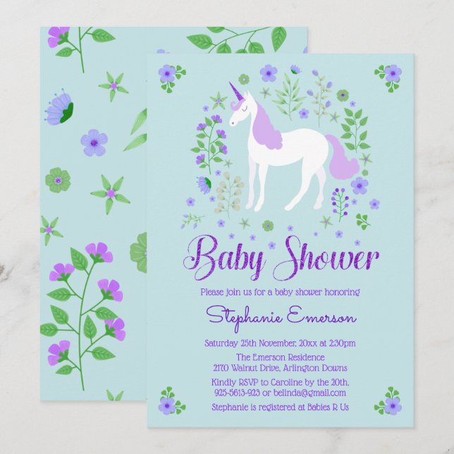 Pretty Unicorn Purple Aqua Baby Shower Invitation (Front/Back)