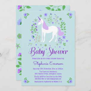 Pretty Unicorn Purple Aqua Baby Shower Invitation
