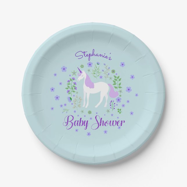 Pretty Unicorn PurpleAqua Baby Shower Personalised Paper Plate (Front)