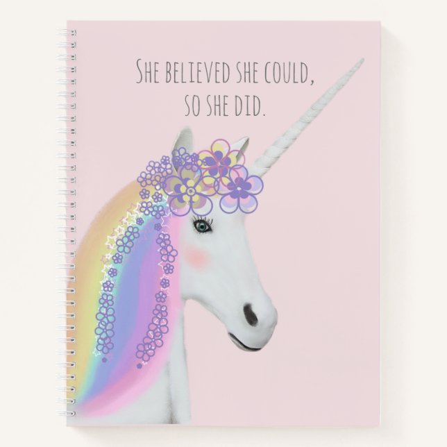 Pretty Unicorn Rainbow Blush Pink Rose Floral Notebook (Front)