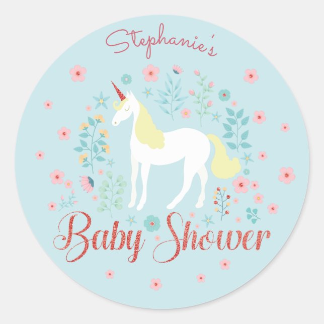 Pretty Unicorn Rose Gold Glitter Baby Shower Classic Round Sticker (Front)