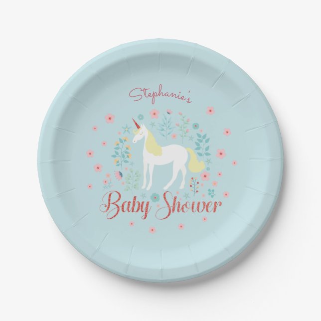 Pretty Unicorn Rose Gold Glitter Baby Shower Paper Plate (Front)