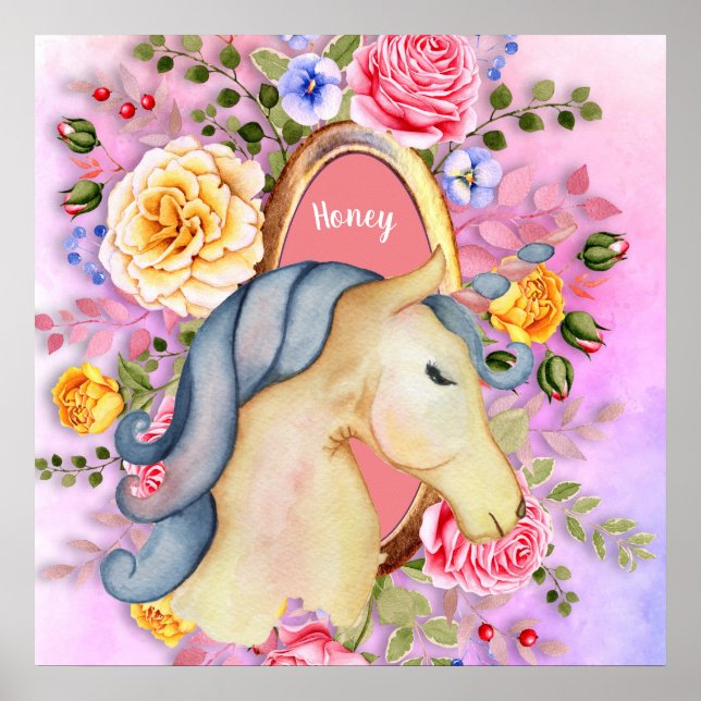Pretty Unicorn Roses Named Girls Room Wall Art (Front)