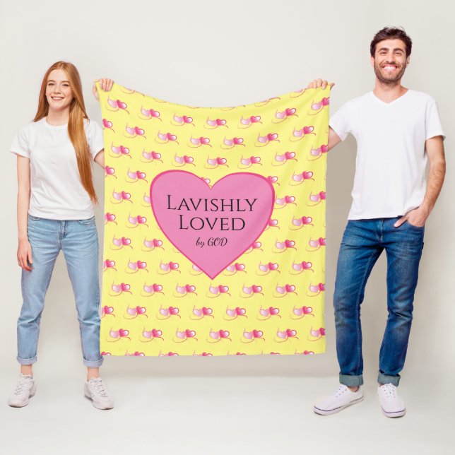 Pretty Valentines LOVED BY GOD Yellow Hearts Fleece Blanket (In Situ)