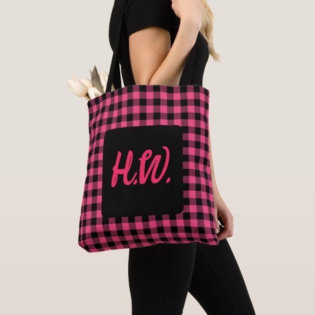 Pretty Valentines Pink And Black Buffalo Plaid  Tote Bag (Close Up)