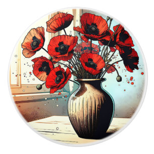 Pretty Vase of Red Poppies ai art Ceramic Knob