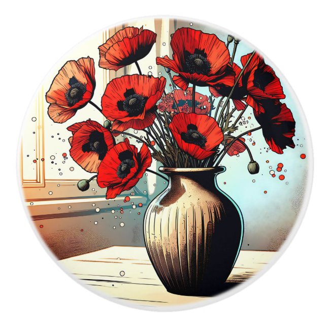 Pretty Vase of Red Poppies ai art Ceramic Knob (Front)