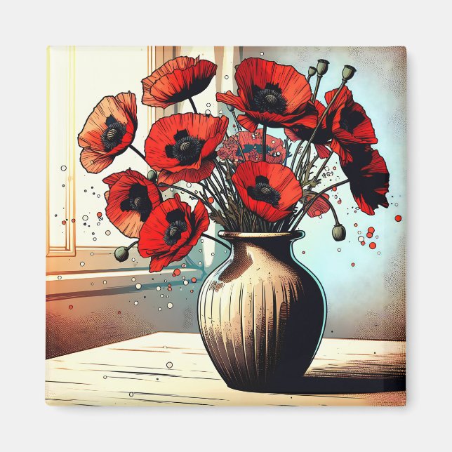 Pretty Vase of Red Poppies ai art Magnet (Front)