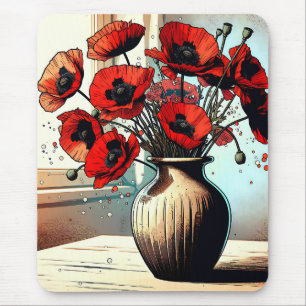 Pretty Vase of Red Poppies ai art Mouse Mat
