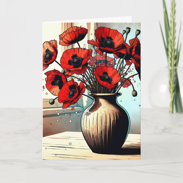 Pretty Vase of Red Poppies Birthday Card (Front)