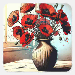 Pretty Vase of Red Poppies Square Sticker