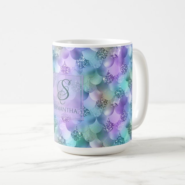 Pretty Vibrant Faux Glitter Mermaid Mix Monogram Coffee Mug (Front Right)