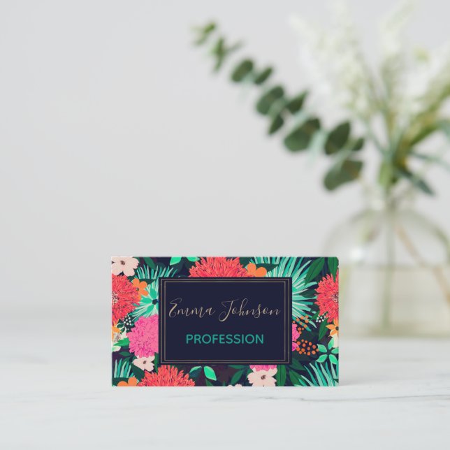 Pretty vibrant Floral paint Navy-Blue Design Business Card (Standing Front)