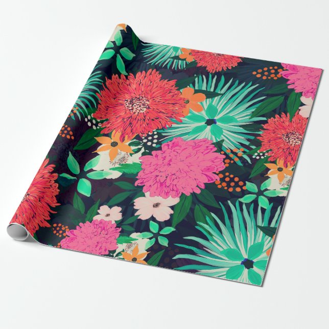 Pretty vibrant Floral paint Navy-Blue Design Wrapping Paper (Unrolled)