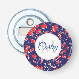 Pretty Vibrant Red Blue Floral Personalised Bottle Opener