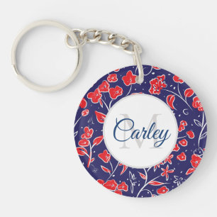 Pretty Vibrant Red Blue Floral Personalised Key Ring