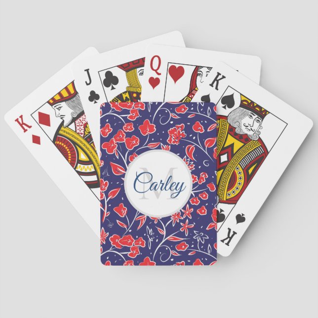 Pretty Vibrant Red Blue Floral Personalised  Playing Cards (Back)