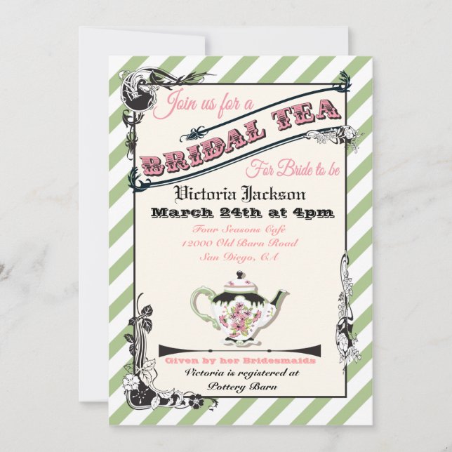 Pretty Victorian Bridal Shower Tea Party Invitation (Front)