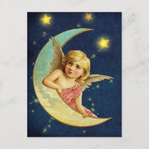 Pretty Victorian Celestial Angel on Crescent Moon Postcard