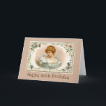 Pretty Victorian Lady Floral 90th Birthday Card<br><div class="desc">A Portrait of a Pretty Victorian lady wearing a soft blue dress surrounded by dainty flowers. Greeting: Happy 90th Birthday. Image of a Victorian Trade Card on a beige background.</div>