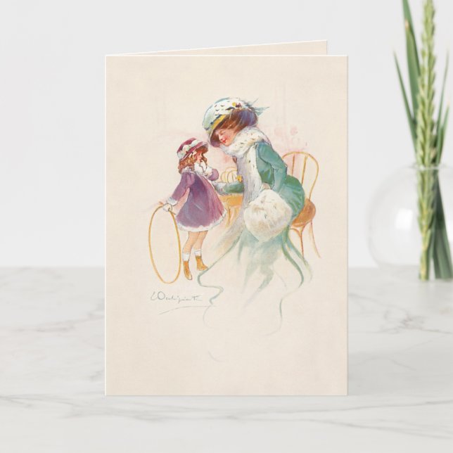 Pretty Victorian Mother in Ermine with Daughter Holiday Card (Front)