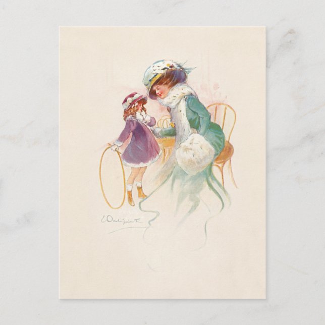 Pretty Victorian Mother in Ermine with Daughter Holiday Postcard (Front)