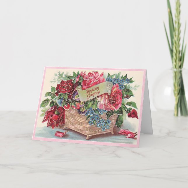 Pretty Victorian Pink & Red Roses Basket Birthday Card (Front)