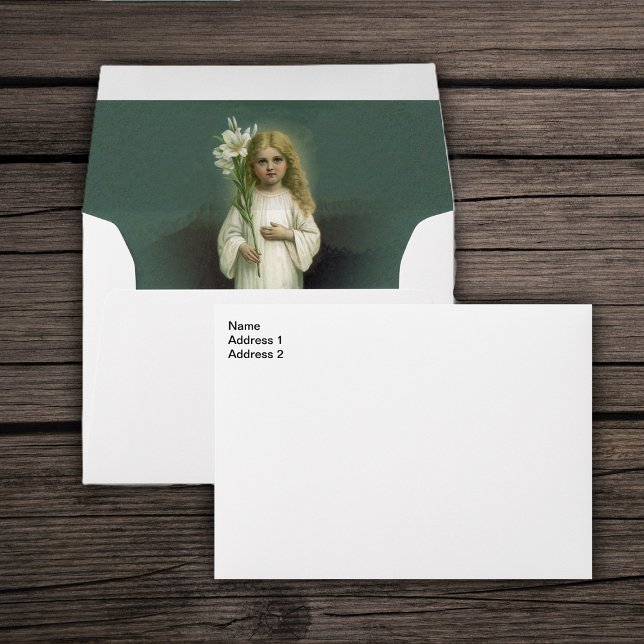 Pretty Vintage Angelic Blonde Girl White Lilies Envelope (Angelic Victorian little girl with Easter lily flower on green background on white mailing envelopes)