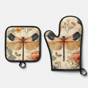 Pretty Vintage Art Deco Dragonfly  Oven Mitt & Pot Holder Set